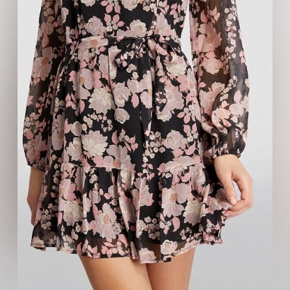 Paige Simi Mini Black Dress Floral Blouse Wrap Size L - Picture 6 of 13